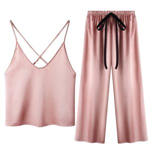 Womens Satin Pajama Set Sexy Pyjamas Criss Cross Back Camisole Pant Bow Nightwear Soft Loungewear 210809