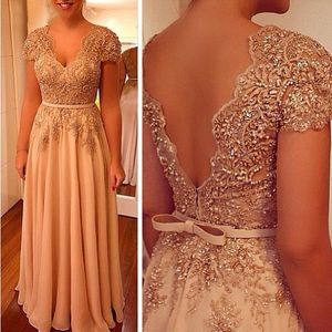 Long Mother Of The Bride Groom Dresses for Wedding 2021 Short Sleeves V-Neck Lace Beading Bodice Sash Plus Size Chiffon Prom Dress