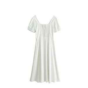 Sweet Women Solid Color High Waist Dress Summer Fashion Ladies Fresh Elegant Female Puff Sleeves Cotton Linen 210515