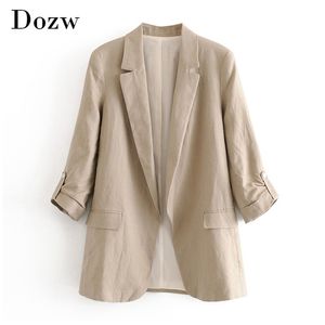 Work Wear Blazer Women Notched Collar Solid Cardigan Coat Half Sleeve Pockets Office Ladies Blazers And Jackets 210515