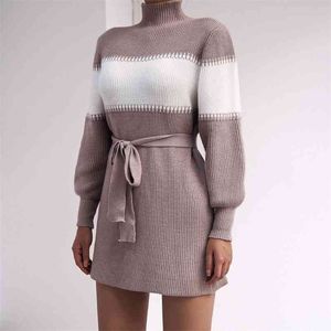 Knitted Stripe Straight Winter Sweater Dress Women Lantern Sleeve Vintage Short Basic Turtleneck Clothes 210427