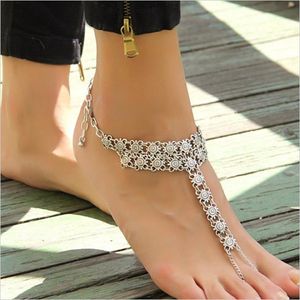 Ankiety Vintage Antique Srebrny kolor geometryczny łańcuch kwiatowy Pierścień Letnia plaża Boso Sandały Foot Biżuteria dla kobiet Anklet