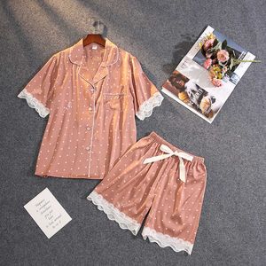 Sommar polka dot print pyjamas kvinnors satin chiffong mjuk touch sexig spets kortärmad shorts kostym sovkläder Q0706