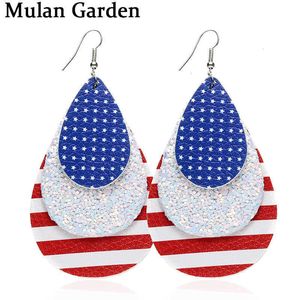 MG新しいキラキラ3層アメリカの国旗PUレザーのイヤリング葉の水滴ファッションイヤリングジュエリー女性アクセサリーギフトQ0709