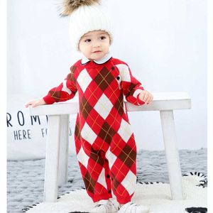 Baby Boy вязаные Rompers младенческий красный клетчатый комбинезон малыша рождений рождений рождественские дети бутик одежды 210615