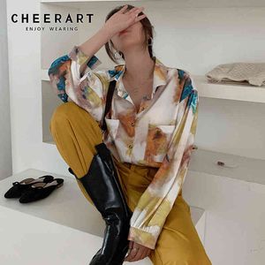 Jesienna koszula ponadgabarytowa koszula z długim rękawem Bluzka Kobiety Przycisk Malarstwo Olejowe Luźne Najlepsze Koreańska Moda Odzież 210427