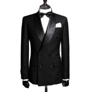 Zweireihiger schwarzer Bräutigam-Smoking mit seitlichem Schlitz für Herren, Hochzeitskleidung, echtes Foto, Schalkragen, 2-teiliger Abschlussball-Business-Anzug (Jacke + Hose + Krawatte) W1222