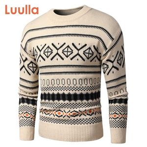 Mężczyźni Jesień Styl Vintage Akrylowe Ciepłe Jakquard Sweter Pulowers Mężczyźni Zima O-Neck Moda Gruby Check Wzór Sweter 211221