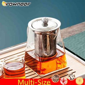 Multisize quadrado transparente bule transparente resistente ao calor fabricante de chá de chá ergonômico alça removível malha infuser filtro cafeteira 210621