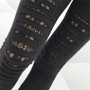 Women Fashion Style Sexy Lace Leggings Torn Ripped Hole Ankle Length Trousers Summer Pants Black XXL Plus Size 211204