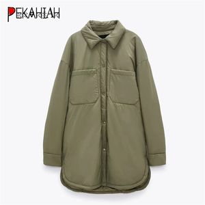 SPING Moda girada para baixo colarinho camisa de manga comprida camisa preta verde mulheres parkas com bolsos mujer jaquetas sólidas 210913