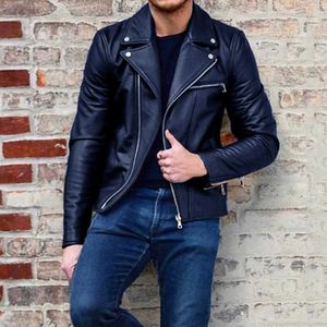 New Jacket Fashion Autumn Winter Men Leather Long Sleeve Lapel Clothing Casual Loose Male Fit Motorcycle Jacket Coat With Zipper X0621