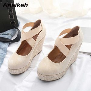 Aneikeh Summer Fashion Women Pointed Toe Sandals Black Flock Elastic Band Platform Cover Heel Sandalias De Las Mujeres 210626