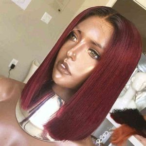 Ombre Burgundy Front Wig Straight Short BOB Hu 180% 1B 99J Brazilian Remy Hair Pre Plucked T Part Lace Wigs on Sale