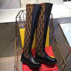 High quality Luxury women's F letter knitting Thigh-High Boots Genuine Leather fashion outdoor socks brand shoes flat sexy breathable elastic Knee Boot With box