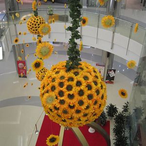 10" (25CM) Simulation Sunflower Kissing Balls Yellow Artificial Silk Flower Ball Craft Ornament For Supermarket Shopping Mall Hanging