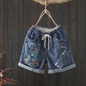 Ankomst sommar kvinnor vintage rippade jeans shorts patchwork broderi lös avslappnad elastisk midja denim s909 211129