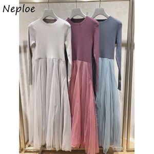 Neploe Sweet Elegant Voile Patchwork Abito lavorato a maglia Autunno Inverno New Fashion Abiti O-Collo Vita alta Abiti donna 210423