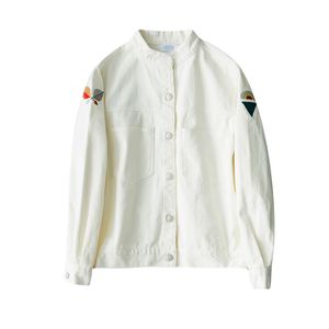 女性のoutwear Jeanデニム爆撃機のジャケットのポケットボタン白刺繍幾何学肩部C0007 210514