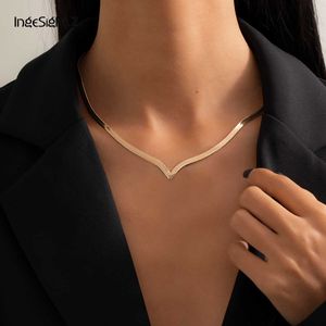 Ingesight.z Simple Minimalist Copper Flat Snake Chain Choker Necklace Punk V-shaped Short Collar Clavicle Women Jewelry