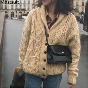 Korean Twisted Knitted Single-breasted Warm Cardigan Coat Autumn Winter Thicken Vintage Fashion Jumpers Tops Femme 210518