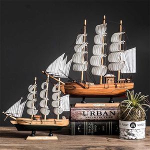 With LED Light Caribbean Black Pearl Sailing Boats Wooden Sailboat Model Home Decoration Accessories for Living Room 211105