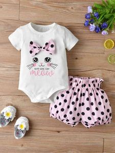 Carta do bebê e desenhos animados Bow gráfico bodysuit polka dot shorts ela