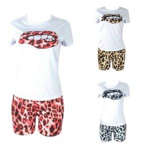 ZOOEFFBB Zweiteiliges Set in Übergröße für Damen, Trainingsanzug, Lippen, kurzärmeliges Oberteil, Leoparden-Shorts, Trainingsanzug, 2-teilig, Outfits, passende Sets, X0428