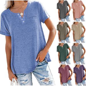 Women's T-Shirt Tops V-neck short sleeve solid color button pocket loose top