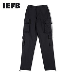 IEFB Multi Kieszonkowy Męski Hip Hop Streetwear Moda Sznurek Legginsy Dorywczo Spodnie Trend Elastyczna Talia Czarne Spodnie 9Y7476 210524