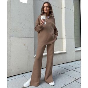 Kvinnors två bit byxor sweatshirt sätter pullover stretch stand collar dragkedja stickad kostym kvinnor avslappnad split hög midja rakt outfit