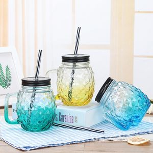 Gradient Pineapple Shape Tumblers Mason Cup Straw Cups Coffee Milk Tea Juice Summer Drink Tool T500717