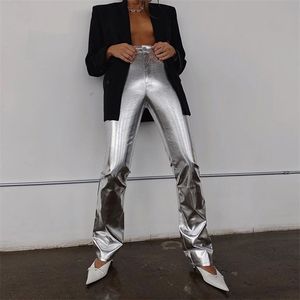 Fashion Streetwear Pantaloni dritti riflettenti lisci Pantaloni in pelle PU argento a vita alta con cerniera Pantaloni lunghi casual slim pile 210517