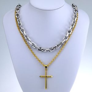 Doppelte Halskette mit Kreuzanhänger aus Edelstahl in Gold-Silber-Ton für Herren und Damen
