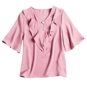Women Shirt Short Sleeve Summer V Neck Bluse Satin Ruch Ruffle Elegant Green Pink White Solid Office Lady B0620 210514