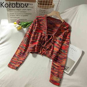Korobov Women Sweaters Korean Autumn Vintage Long Sleeve Lacing Sueter Mujer V Neck Preppy Style Hit Color Cardigans 210430