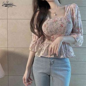 Mulheres Coreano Japonês Flhjlwoc Estilo Design Rosa Floral Ruffled Vintage Peplum Tops Verão Bonito Curto Chique 14399 210521