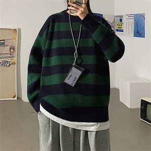 LEKBLEKT RANDE Mäntröjor Autumn Men's Pullovers Harajuku Streetwear Tate Landon tröja Grön randig tröja Kvinnor 220114