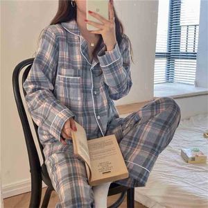 Nightwear Sweet Chic Casual Fashion Brief Geometric All Match Plaid Homewear Loose Suits Pajamas Sets 210525