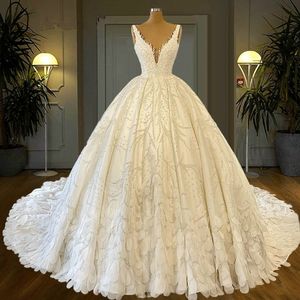 Princess Ball Gown Wedding Dress Deep V Neck Luxury Heavy Beading Bridal Gowns Custom Hand Made Flower Bride Dresses