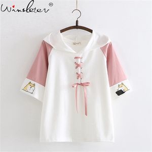 Summer Cute Print Corgi Dog Sweatshirt Cotton Japanese Loose Casual Patchwork Lace Up Hooded With Short Sleeves Tops C08503L 210421
