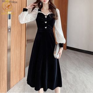 Vintage Love Button Pleated Velvet Women Long Dress Sexy V-Neck Female Clothes Elegant Slim Waist Spring Vestidos 210520