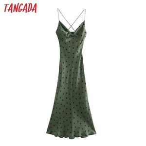 Tangadaファッション女性グリーンドットセクシーなドレススパゲッティストラップレディースVネックセクシーミディド​​レスvestidos 3h140 210609