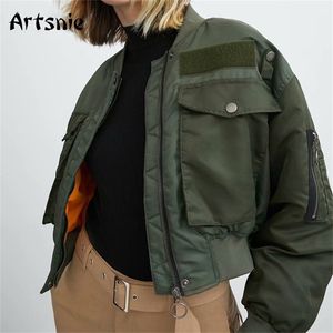 Artsnie Autumn Bomber Jacket Women Army Green Warm Zipper Pockets Winter Coat Female Jacket Parkas Femme Chaqueta Mujer 211112