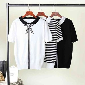 Hlbcbg Kvinnor Stickad Sommar Stripe T Shirt Bowtie Preppy Style Student Gullig Top Tee Short Sleeve Tshirt Kvinna 210623