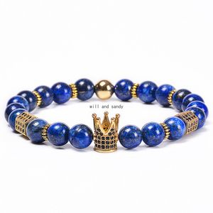 Naturstein Lapislazuli-Perlenstrang-Armband, geflochtenes Kupfer, Mikro-Intarsien, Zirkon-Kronen-Diamant-Armbänder, Perlenarmbänder für Damen und Herren, Modeschmuck, wird und sandig