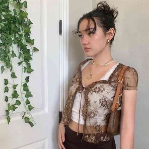 Brown Lace Mesh Patched See Through Sexy Crop T-Shirts Women Summer V Neck Tie Up Short Sleeve Y2k Tops Black Tee Shirt 210510