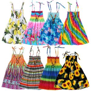 Summer Girls Floral Dress Dress Ruffles Bohemian Beach Princess Suknie Dla Dziewczyny Odzież 2 6 8 12 lat z naszyjnikiem Prezent Q0716