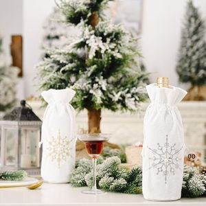 Double Drawstring Snowflake Beads Wine Bottle Bag Cover Christmas Decoration White Cloth Bottles Covers Champagne silver Color LLD11649