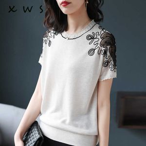 Sommar Kvinnor Tröja och Pullover Mode Lace Patchwork Short Sleeve O Neck Knit Kvinna Tröja Casual Loose Top 210604